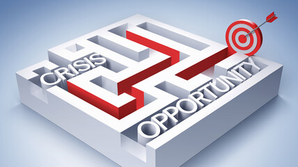 Poster - 3D maze showcasing path from crisis to opportunity, symbolized by red path leading to target, representing strategic navigation through challenges