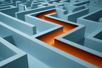 Poster - Blue maze with orange pathway, showcasing a concept of problem-solving, pathfinding, or finding a solution