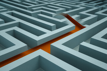 Poster - Blue maze with orange path showcasing problem-solving, navigation, and finding solution concept