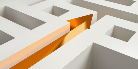 Poster - Orange arrow navigating white maze, symbolizing solution, progress, or path to success.  Abstract concept for business or guidance