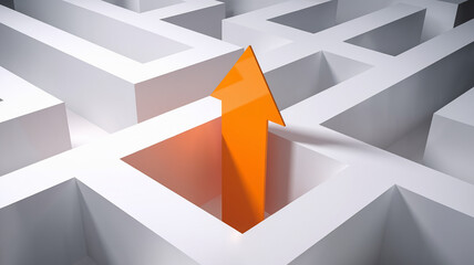 Poster - Orange arrow rising from white maze center, showcasing solution, progress, and success concept