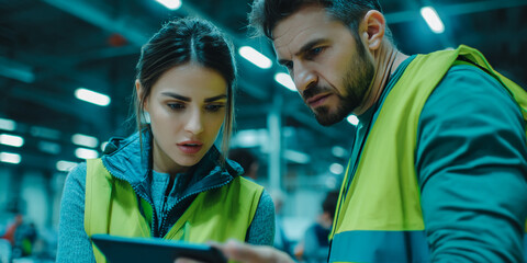 Poster - Two workers in safety vests review a tablet, showing focused collaboration in an industrial setting. The image conveys teamwork, problem-solving and efficiency.