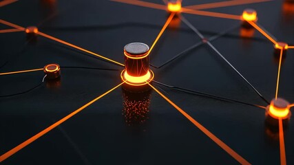 Poster - Network connections illuminated in orange architecture over a dark background, scope scanning over network of connections on black background