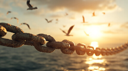 Aufkleber - Close-up of rusty chain links against a blurred sunset ocean backdrop with birds in flight, symbolizing connection, resilience, and freedom