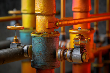 Poster - Close-up of industrial valves and pipes, textured metallic surfaces in warm hues, showcasing intricate details and industrial design, representing power, engineering, and industry