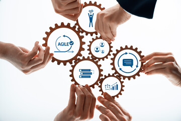 Poster - Visual representation of teamwork and agility through interconnected gears, highlighting collaboration, productivity, and effective communication in a professional setting. Amity
