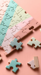 Poster - Pastel-colored jigsaw puzzle pieces on pink background, some separated, showcasing problem-solving, teamwork, or completion concepts