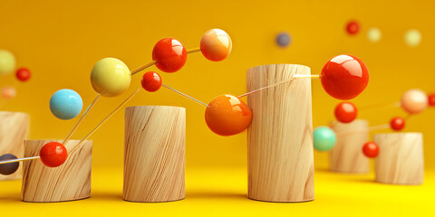 Aufkleber - Colorful spheres connected by thin rods, resting on wooden cylinders against a yellow background, showcasing a modern and abstract design concept