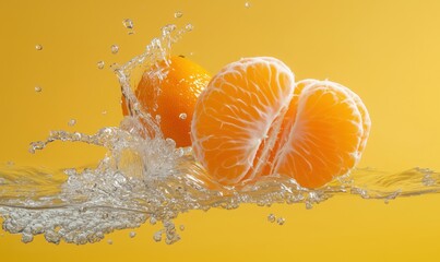 Poster - Fresh oranges splashing in water with vibrant yellow background