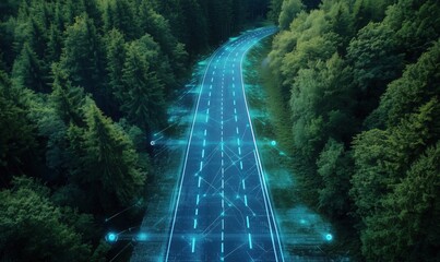 Poster - Digital highway surrounded by lush forest showcasing smart road technology and connectivity