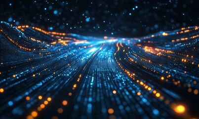 Aufkleber - Abstract digital landscape with glowing blue and orange particles flowing in waves