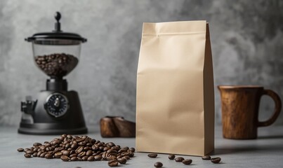 Poster - Coffee beans and packaging with grinder and wooden cup in cozy setting