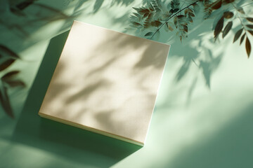 Aufkleber - Beige textured square canvas on mint background,  leaf shadows overlaying, showcasing blank space for text or logo, ideal for product display or branding