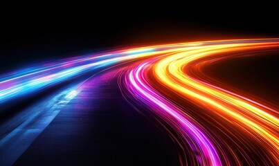Poster - Vibrant light trails on dark road creating dynamic motion and energy