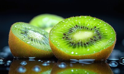 Poster - Freshly sliced kiwi fruit with vibrant green flesh and water droplets on black background