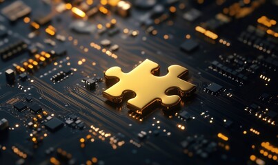 Poster - golden puzzle piece on circuit board background symbolizing technology and innovation