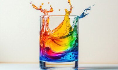Poster - Colorful water splash in glass creating vibrant rainbow effect