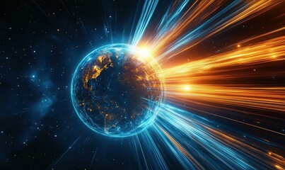 Poster - Earth surrounded by vibrant energy streams in cosmic space environment