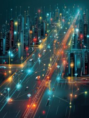 Poster - Smart City Showcasing Glowing Roads and Interconnected IoT Devices Enhancing Urban Mobility and Connectivity at Nighttime