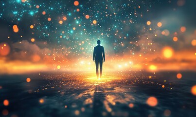 Poster - Silhouette of a Man Standing in Cosmic Landscape with Glowing Particles and Stars