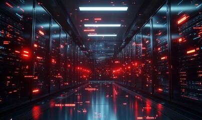 Poster - Futuristic data center corridor illuminated by red and blue lights with digital effects