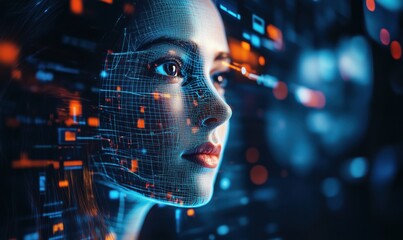 Poster - Futuristic portrait of a woman with digital data overlay and glowing elements