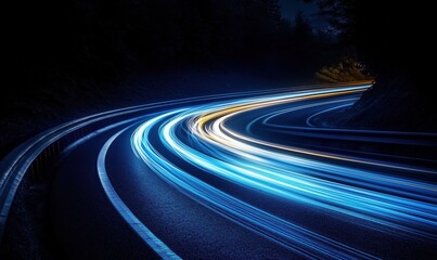 Poster - Long exposure light trails on winding road at night with trees in background