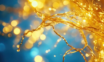 Poster - Golden light strands creating a mesmerizing bokeh effect against a blue background