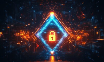 Poster - Digital lock symbol in futuristic technology background with glowing neon lights