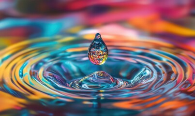 Poster - Colorful water droplet creating ripples in vibrant abstract background