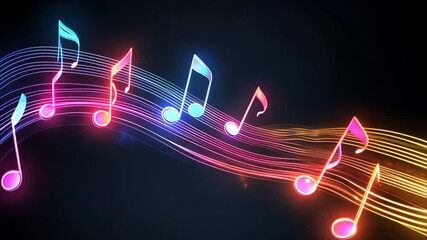Poster - Neon light music notes create a vibrant atmosphere in animated visuals, animation or motion graphics of neon light music effect on black background