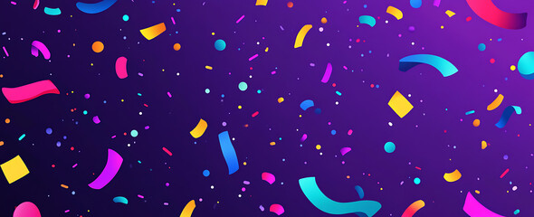 Poster - dark purple background with colorful confetti and ribbons, a flat vector illustration.