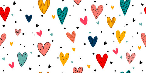 Poster - Seamless pattern of colorful hand-drawn hearts on a white background. The hearts are in various sizes and shapes, with different patterns and textures. Some hearts are filled with solid colors.