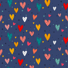 Fototapete - Vibrant pattern features a multitude of hand-drawn hearts in various colors and styles against a deep blue background. The hearts are filled with different patterns.