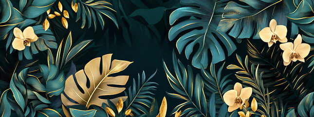 Poster - Dark green background with gold leaf line art and botanical elements for a wall mural, featuring an emerald and dark blue color scheme.