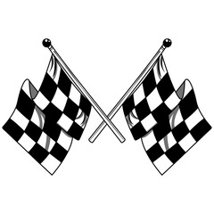 Fototapete - Two black and white checkered flags are crossed in the center of the image. The flags are waving in the wind, creating a sense of motion and excitement.