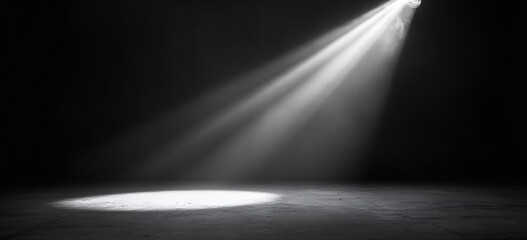 Poster - Dark, foggy background with a spotlight shining down on an empty concrete floor, creating an atmosphere of mystery and intrigue.