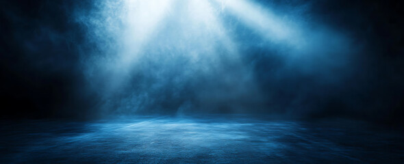 Poster - Dark blue background with a spotlight beam on an asphalt floor, a dark abstract background for product presentation. 