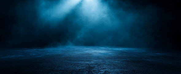 Poster - Dark blue background with a spotlight beam on an asphalt floor, a dark abstract background for product presentation. 