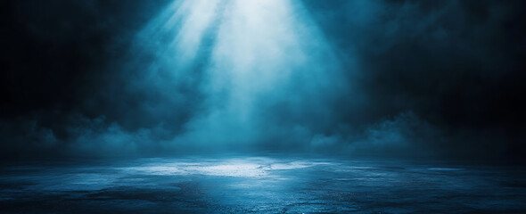 Poster - Dark blue background with a spotlight beam on an asphalt floor, a dark abstract background for product presentation. 