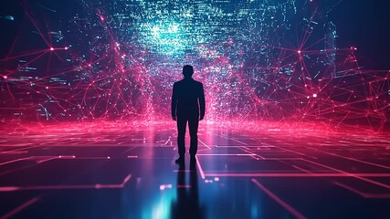 Wall Mural - Man standing in digital network with glowing lines