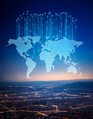 Poster - Glowing world map over a city at night, conveying global connectivity, technology,  digital networks. Perfect for concepts of data, future, and international business.