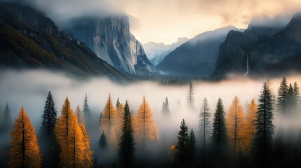 Fototapete -   A hazy mountain range is visible behind a dense forest in the background