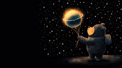 Wall Mural - a bear holding a balloon in the sky, with a planet in the background and stars surrounding it