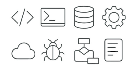 Fototapete - Linear programming icon set – code, terminal, database, gear, cloud, bug, flowchart, document
