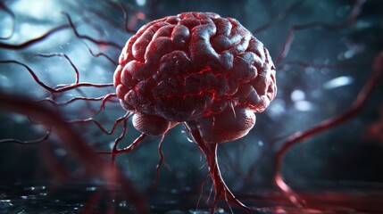 Poster - Glowing red human brain with intricate blood vessels.