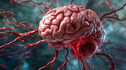 Poster - Detailed 3D rendering of a human brain with its intricate network of blood vessels.