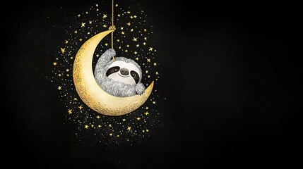 Wall Mural - a painting of a slotty sitting on a crescent moon with stars dangling from the moon's edge against a