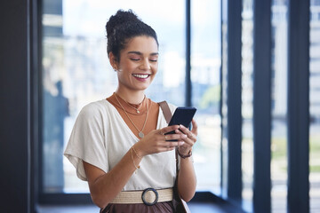 Poster - Business, woman and smile with smartphone in office for networking, internet and research for trending content creation. Female person, cellphone and online in workplace for social media management.