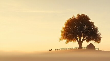 Wall Mural - a solitary tree stands atop a hill, surrounded by a fence in the foreground while a distant cow can 